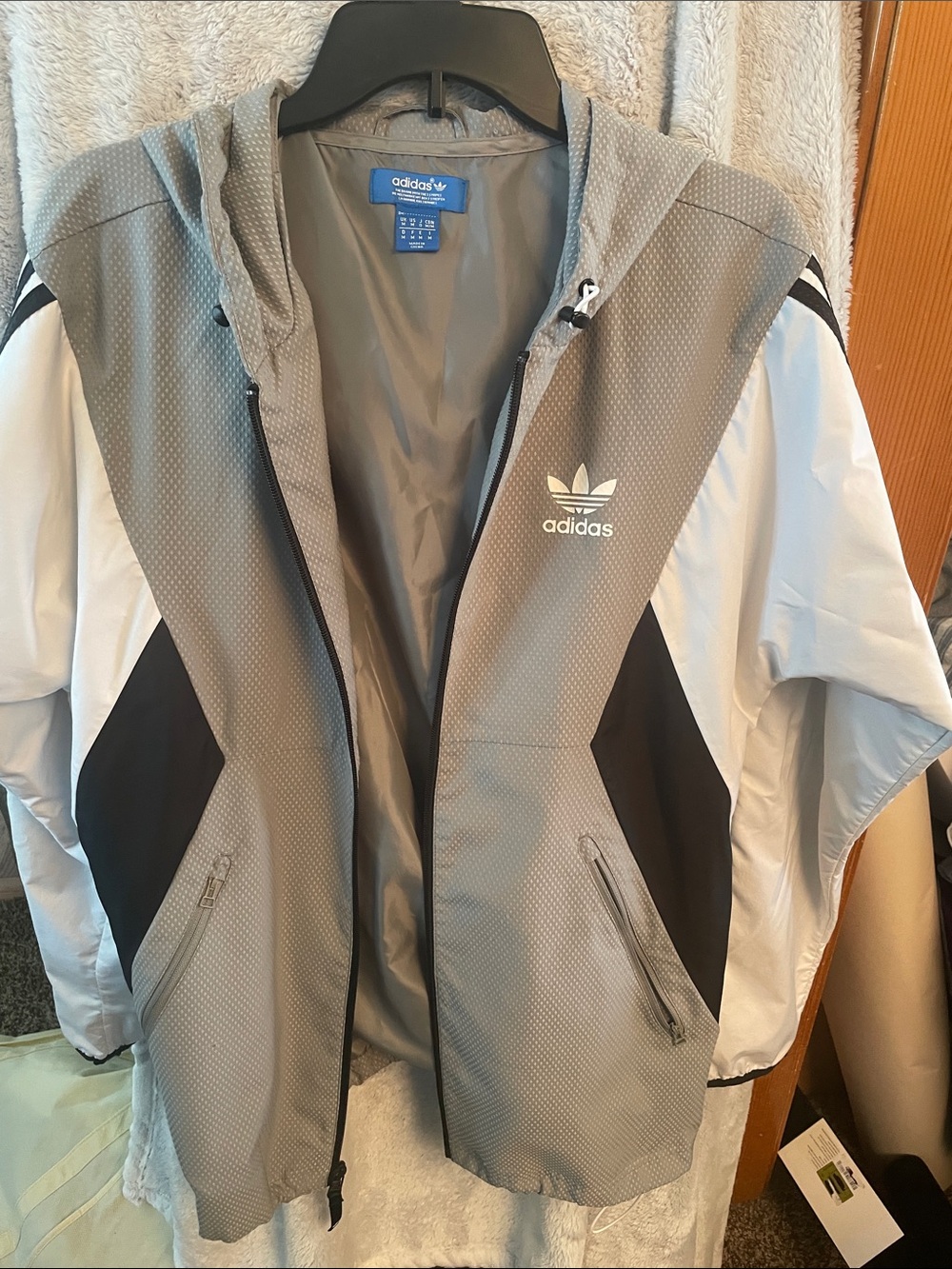 adidas gray, white & black colorblock hooded windbreaker